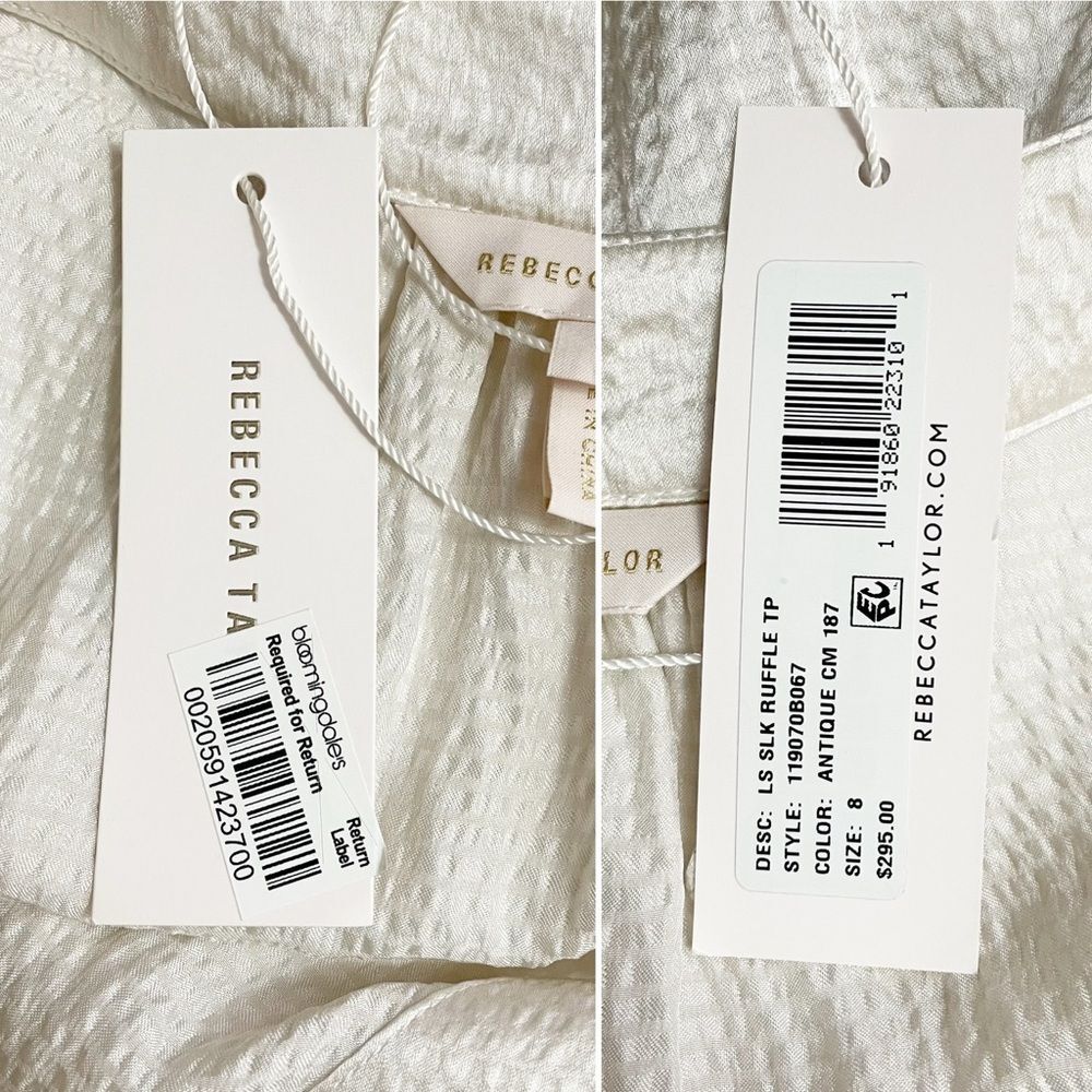NWT Rebecca Taylor 100% Silk Ruffle Blouse Size 8 Ivory V-Neck $295 Long Sleeve - Picture 13 of 16